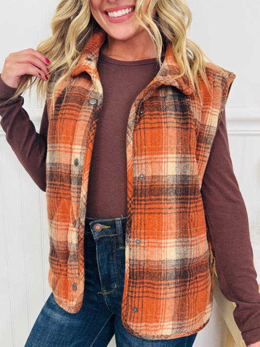 Pretty In Plaid Vest In Rust