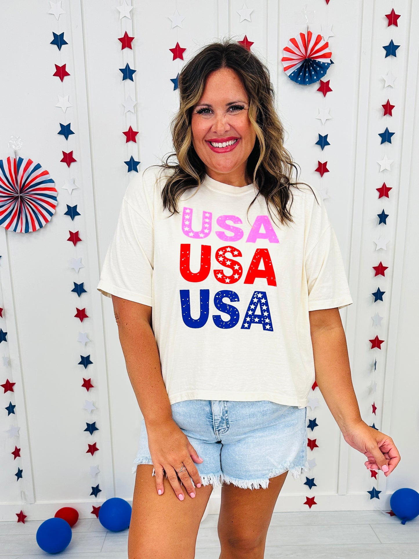 Pink Red And Blue USA Boxy Graphic Tee