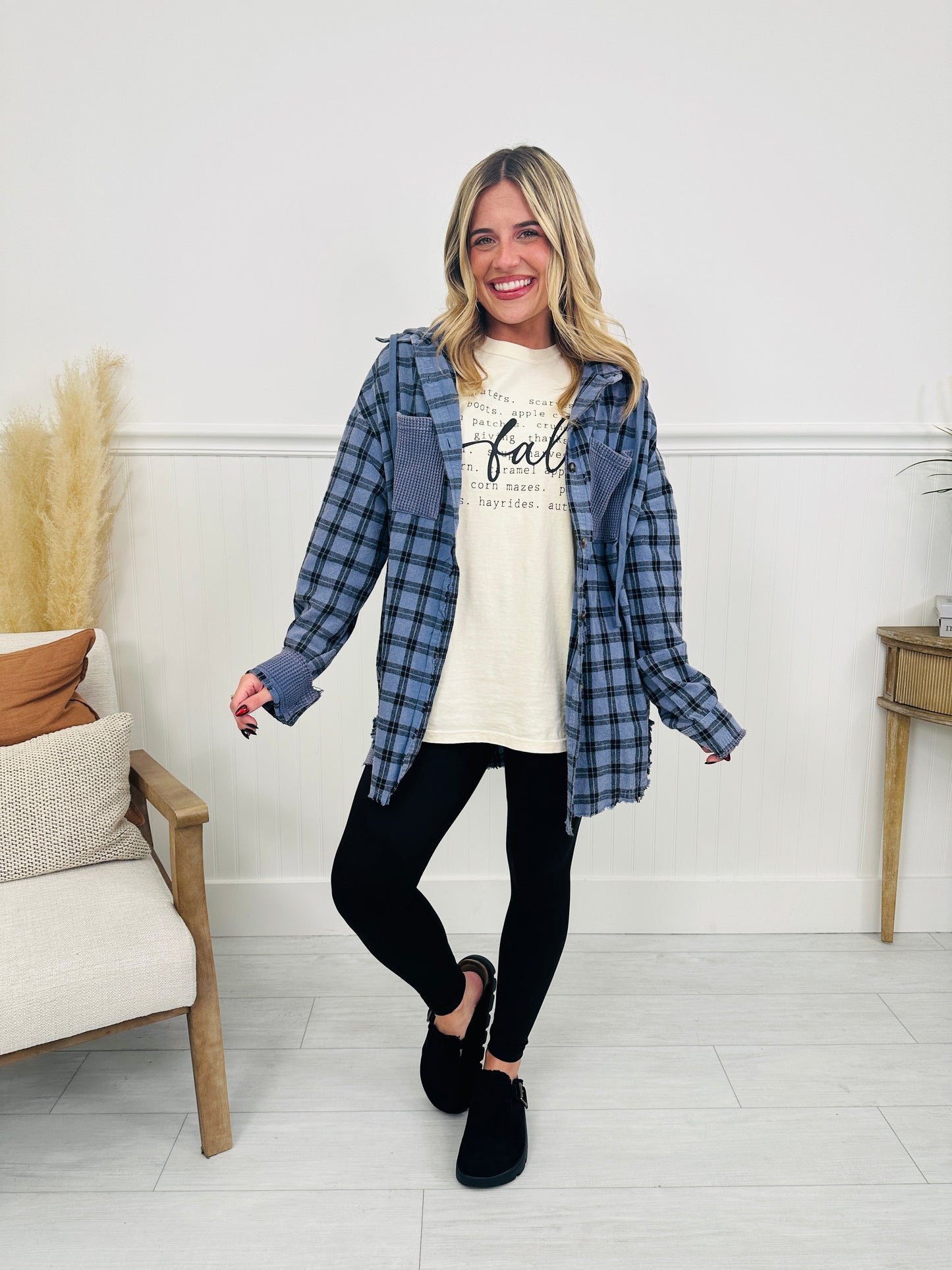 Falling for Flannel Hooded Shacket in Blue