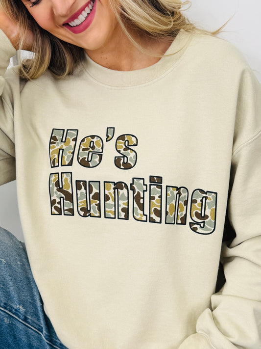 He's Hunting Graphic Crewneck Sweatshirt