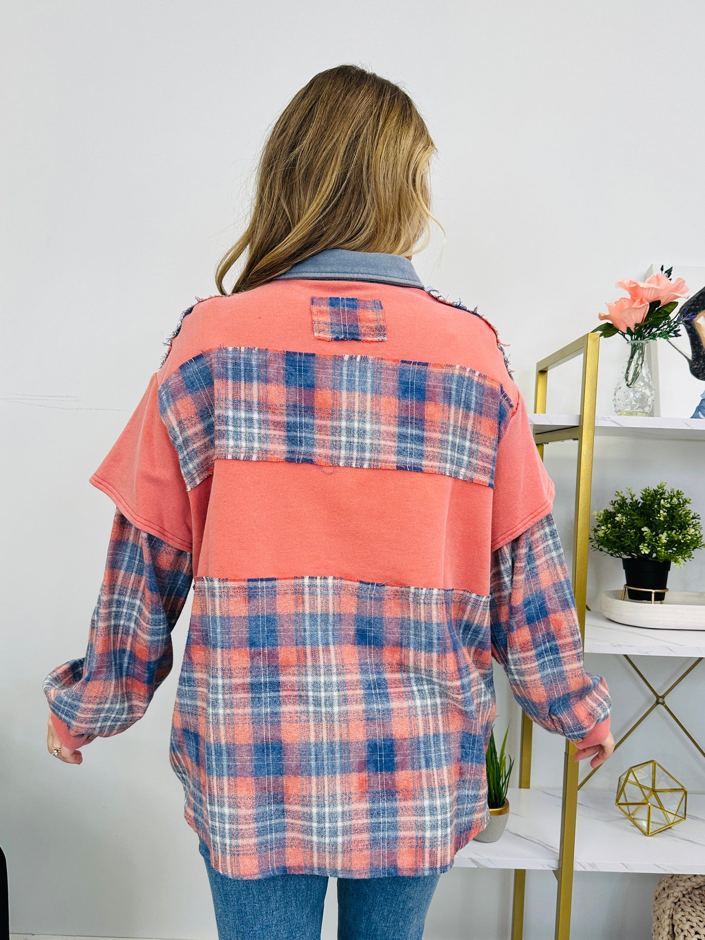 Plaid Replies Only Pullover in Dusty Coral Blue