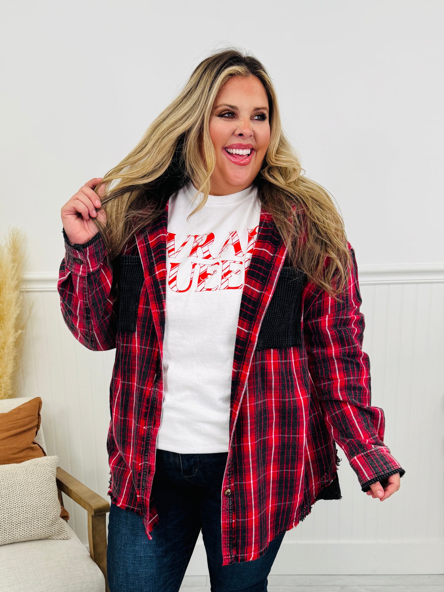 Falling For Flannel Hooded Shacket in Red