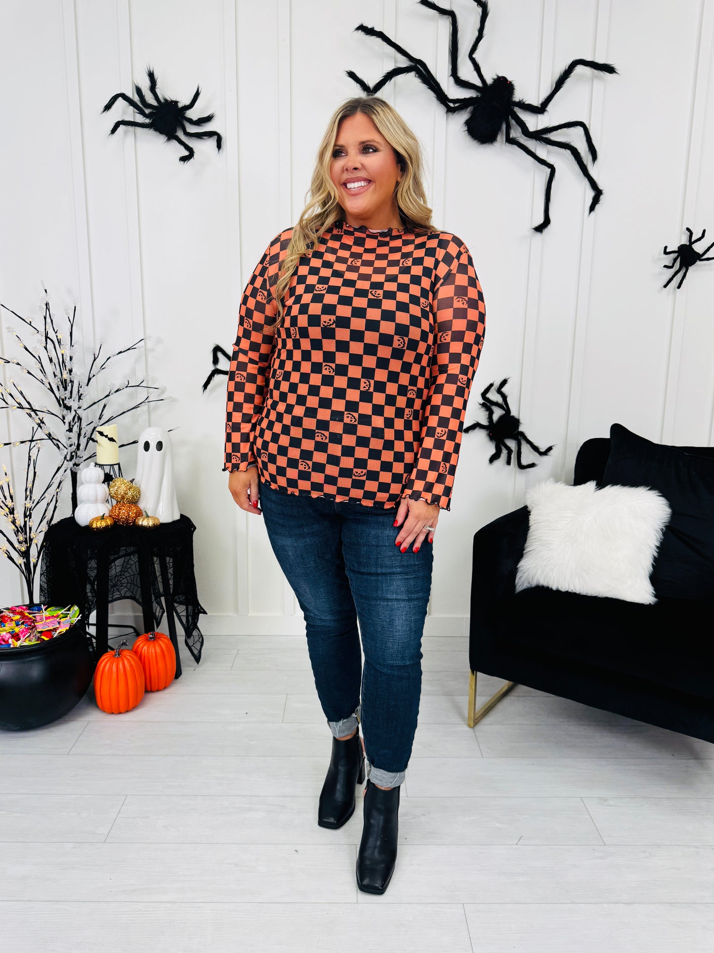 Spooky Things Mesh Top In Checkered Print