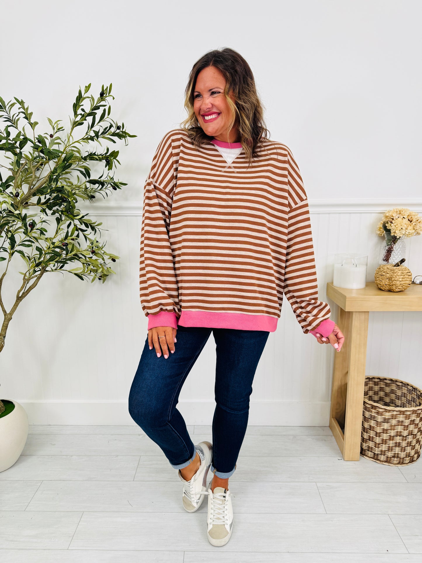 Stripe Story Pullover In Taupe