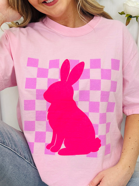 Checkered Bunny Graphic Tee-Multiple Colors
