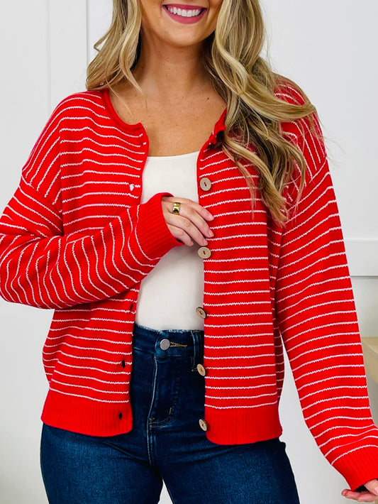 Polished In Stripes Cardigan in Red