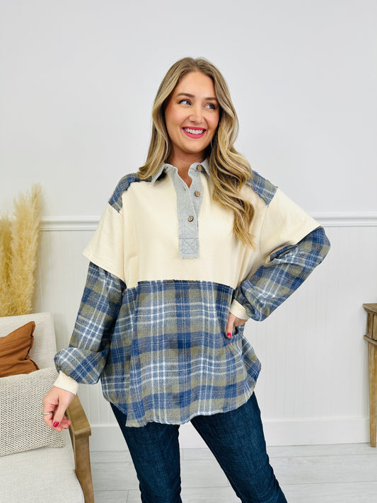 Plaid Replies Only Pullover in Cream Blue