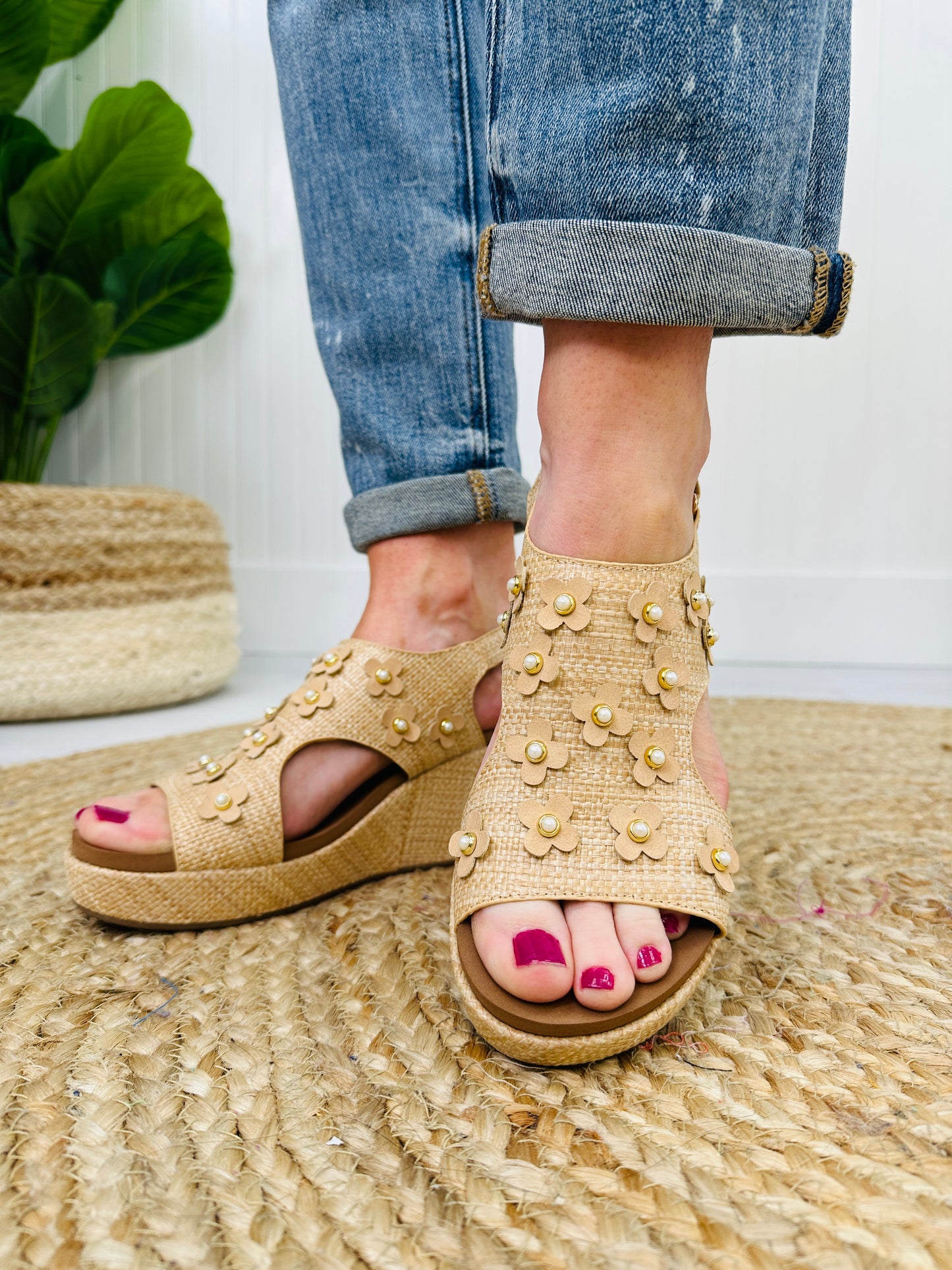Twist Of Elegance Wedges In Raffia Flower
