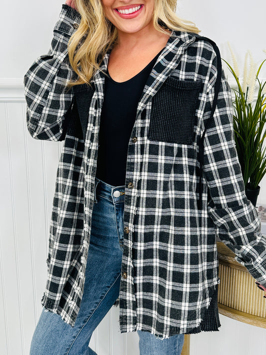 Falling For Flannel Hooded Shacket in Black