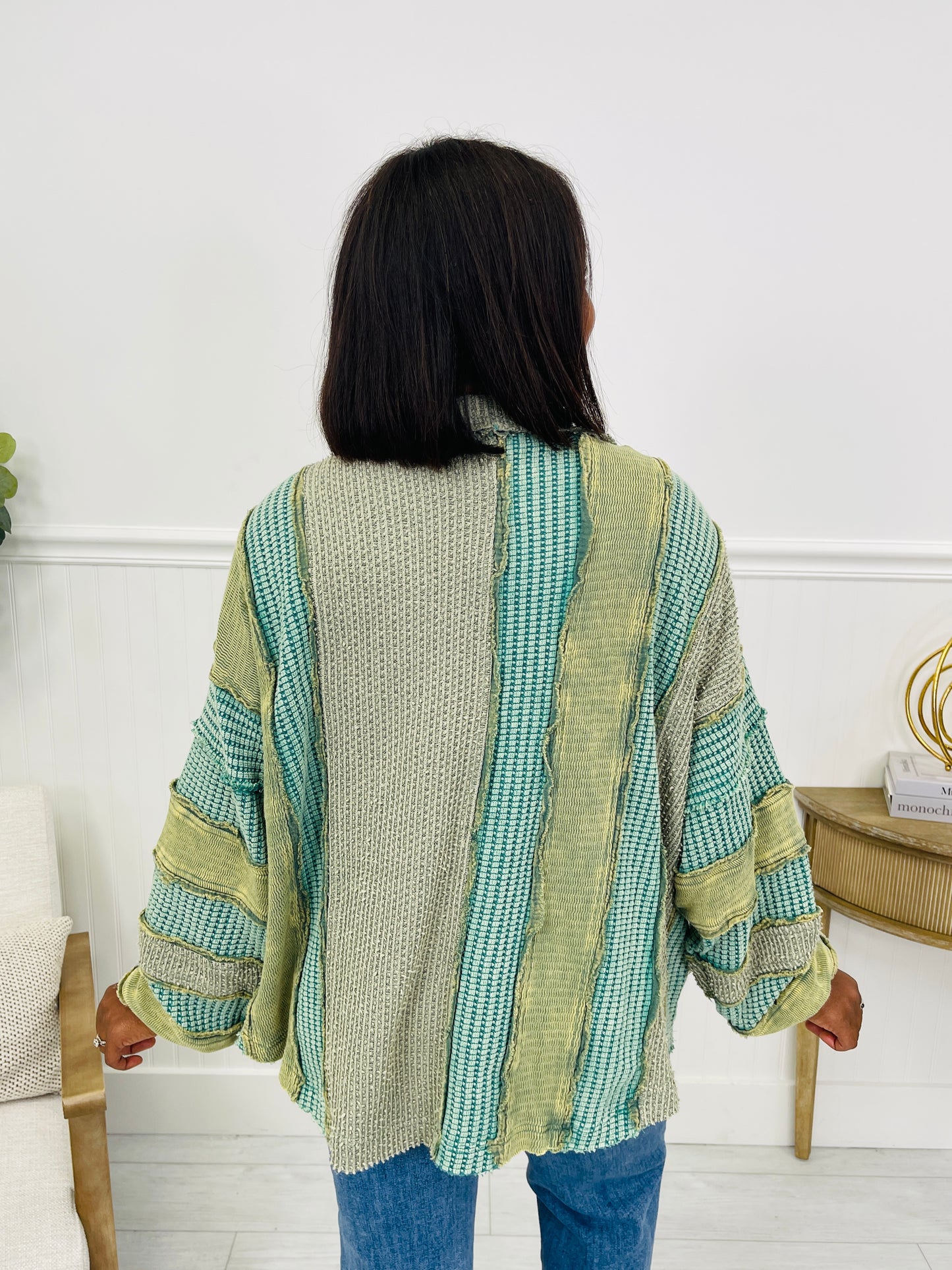 Gathered Stripes Cardigan in Green Combo