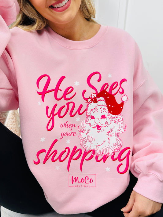 He Sees You Shopping Graphic Crewneck Sweatshirt