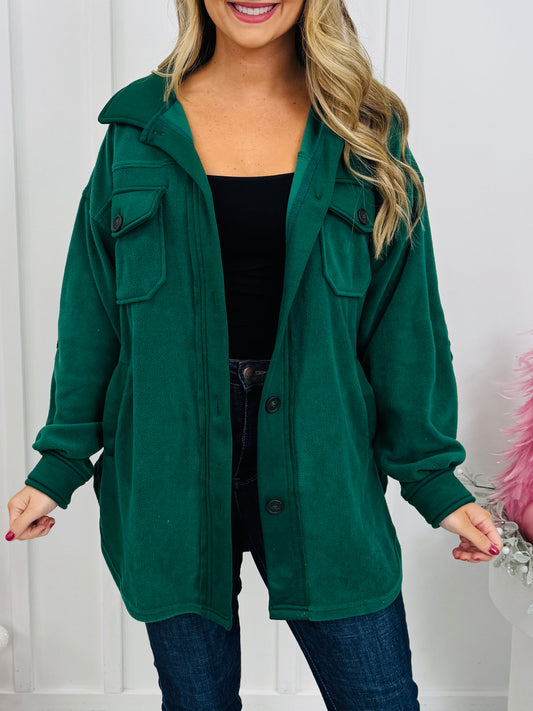 DOORBUSTER! Breezy Commute Shacket in Hunter Green