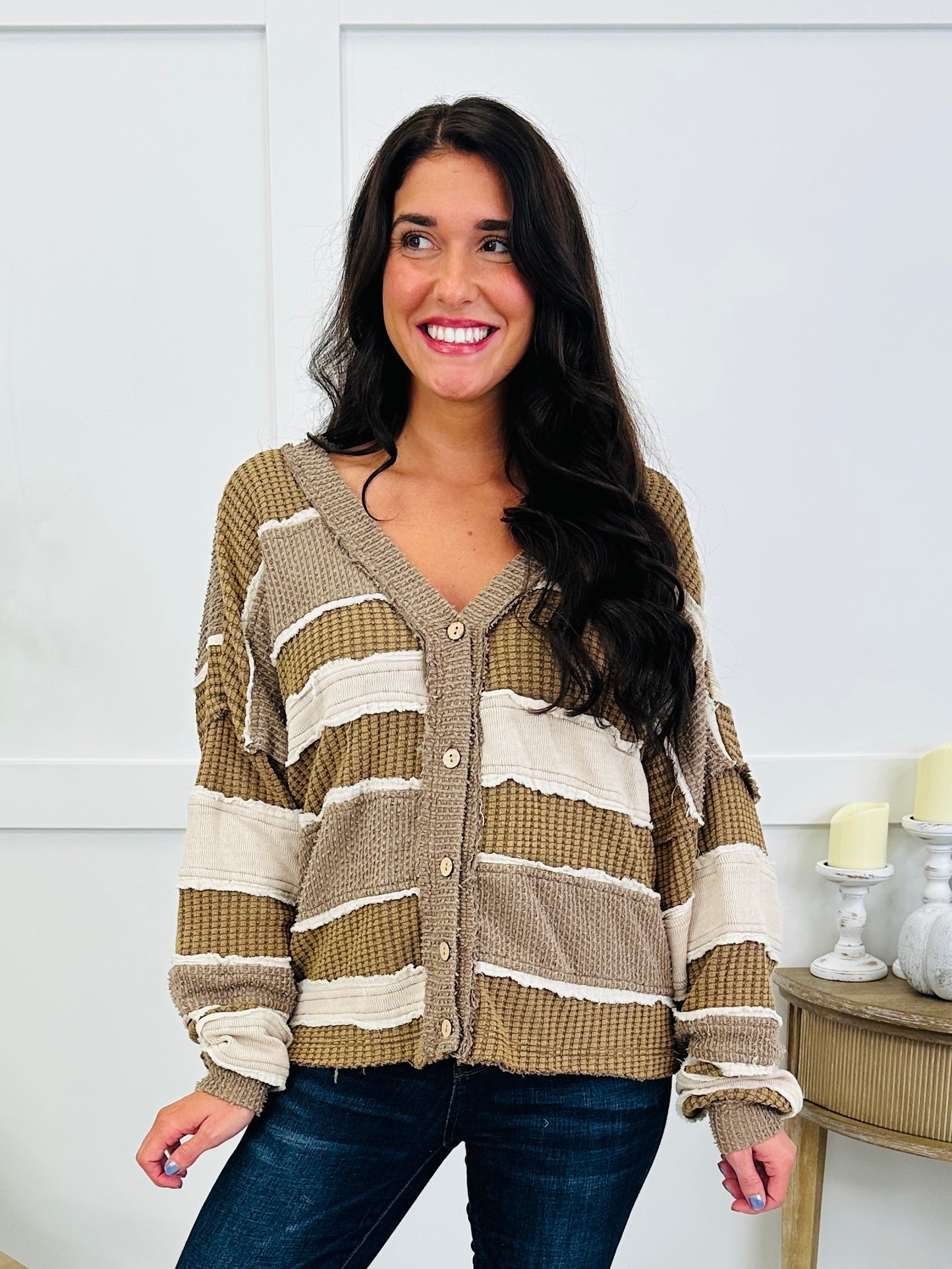 Gathered Stripes Cardigan in Brown Combo