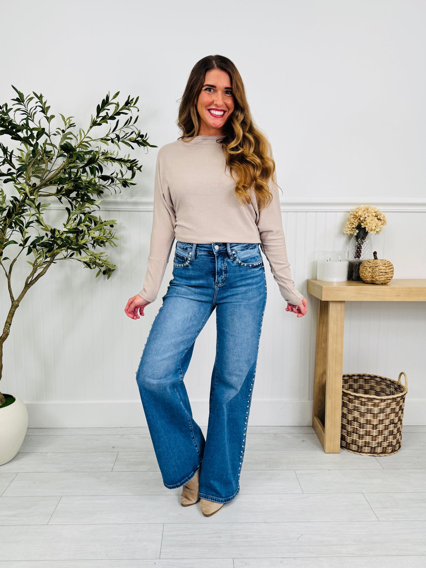 Studded & Styled Tummy Control Wide Leg Jeans