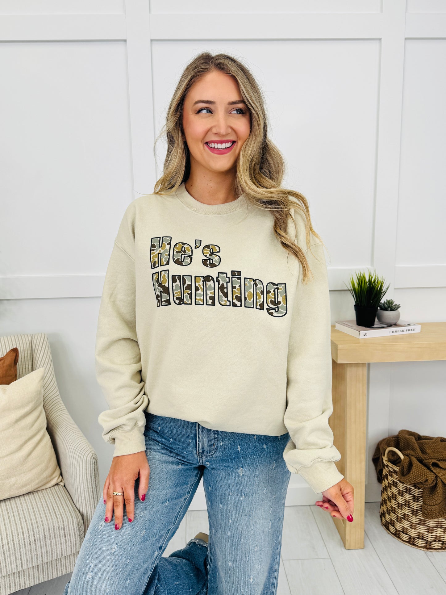 He's Hunting Graphic Crewneck Sweatshirt