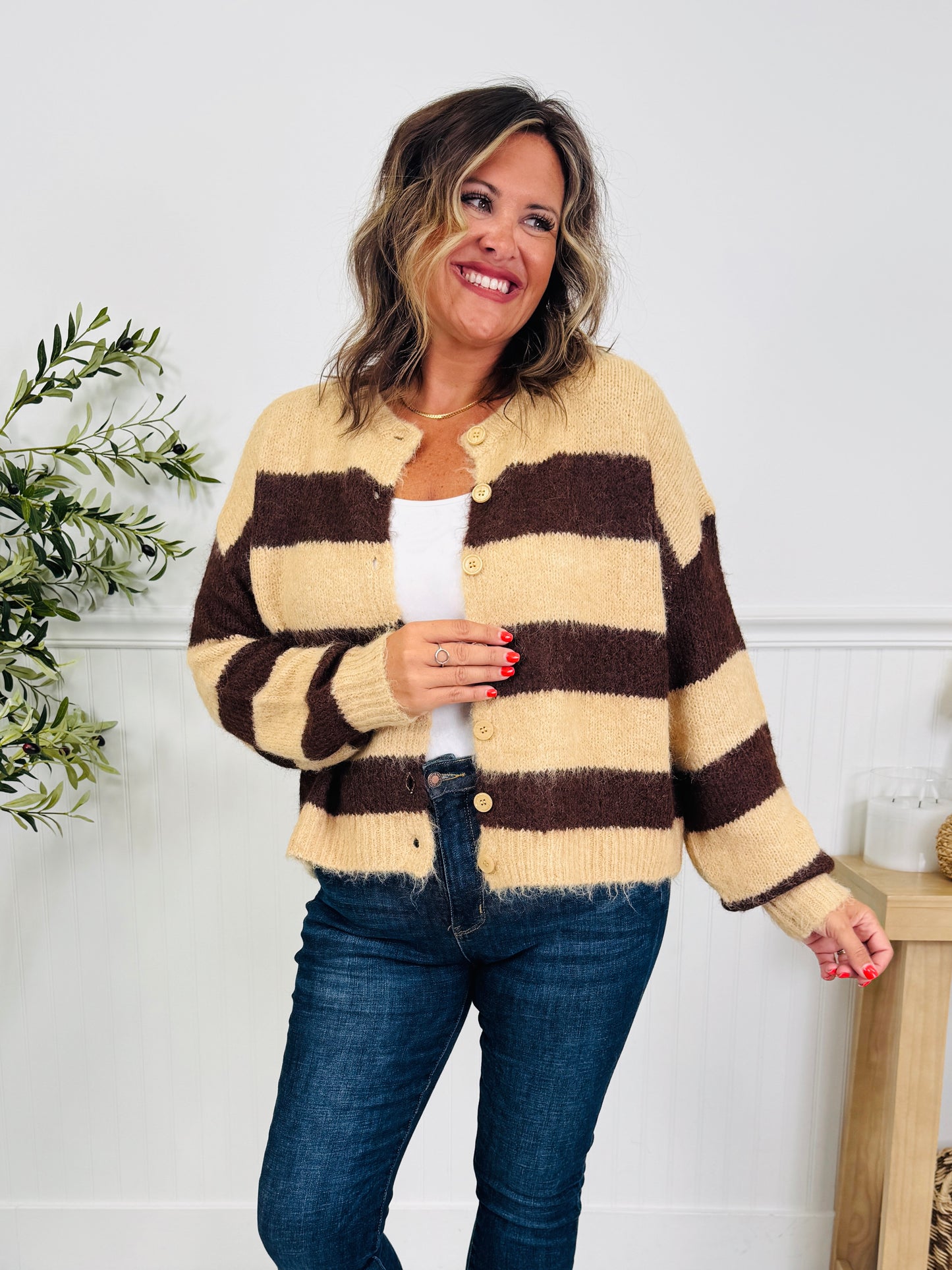 Soft Spot For Stripes Cardigan In Taupe