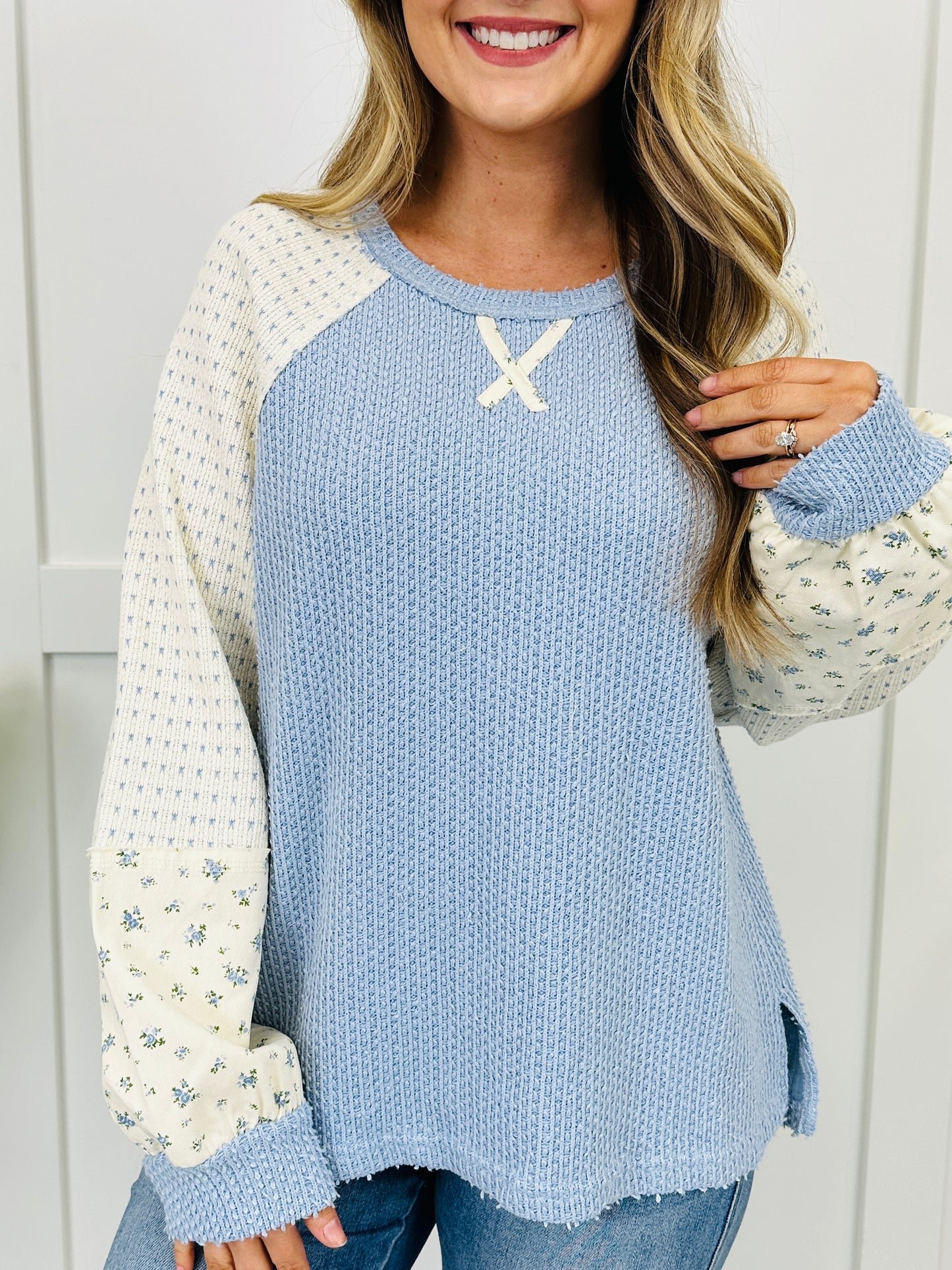 Sleeve Of Petals Sweater In Baby Blue