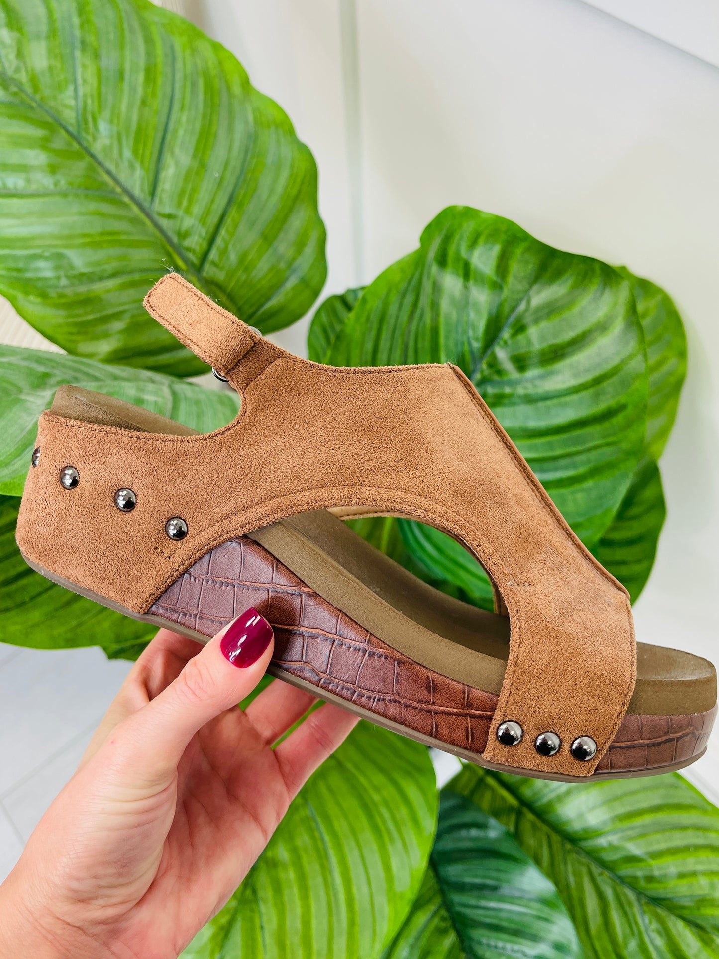 Studded Steps Wedges In Brown Suede Croco