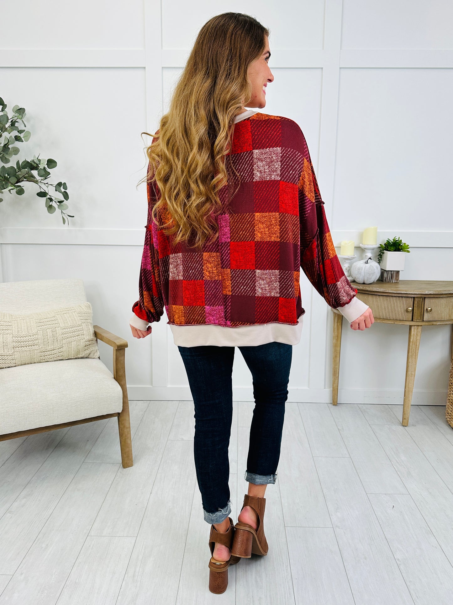 Plaid Poetry Pullover in Burgundy/Red
