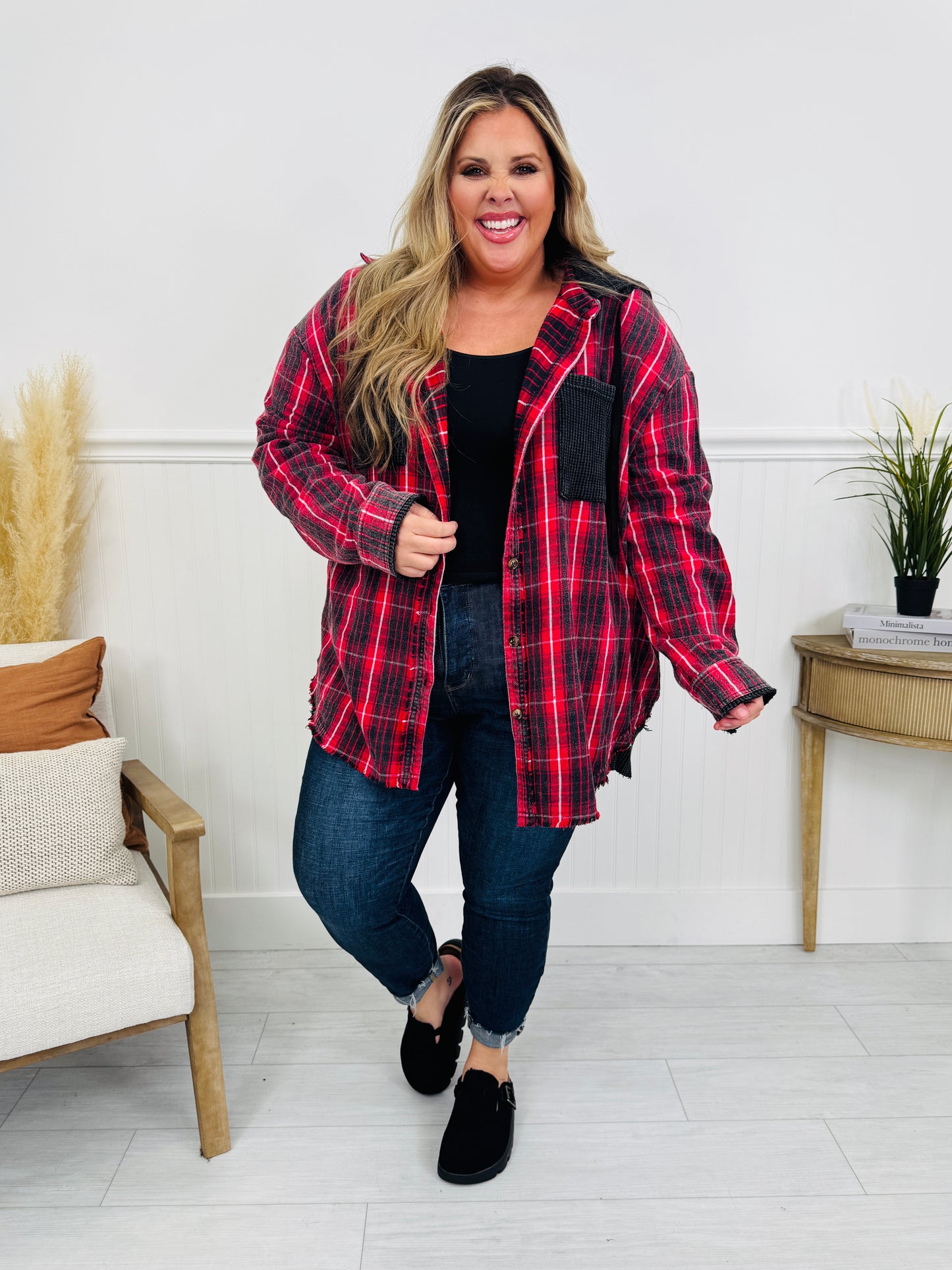 Falling For Flannel Hooded Shacket in Red