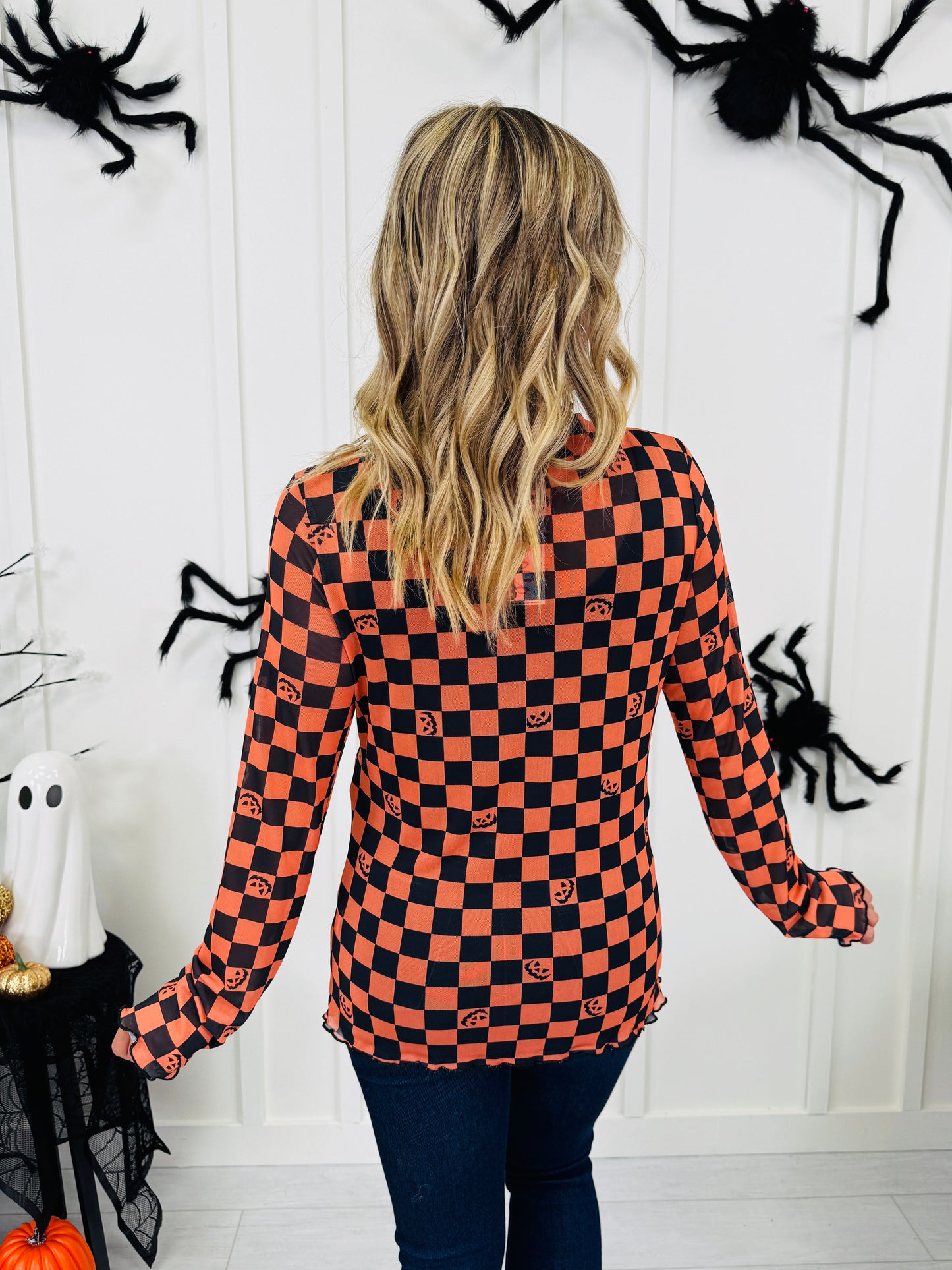 Spooky Things Mesh Top In Checkered Print