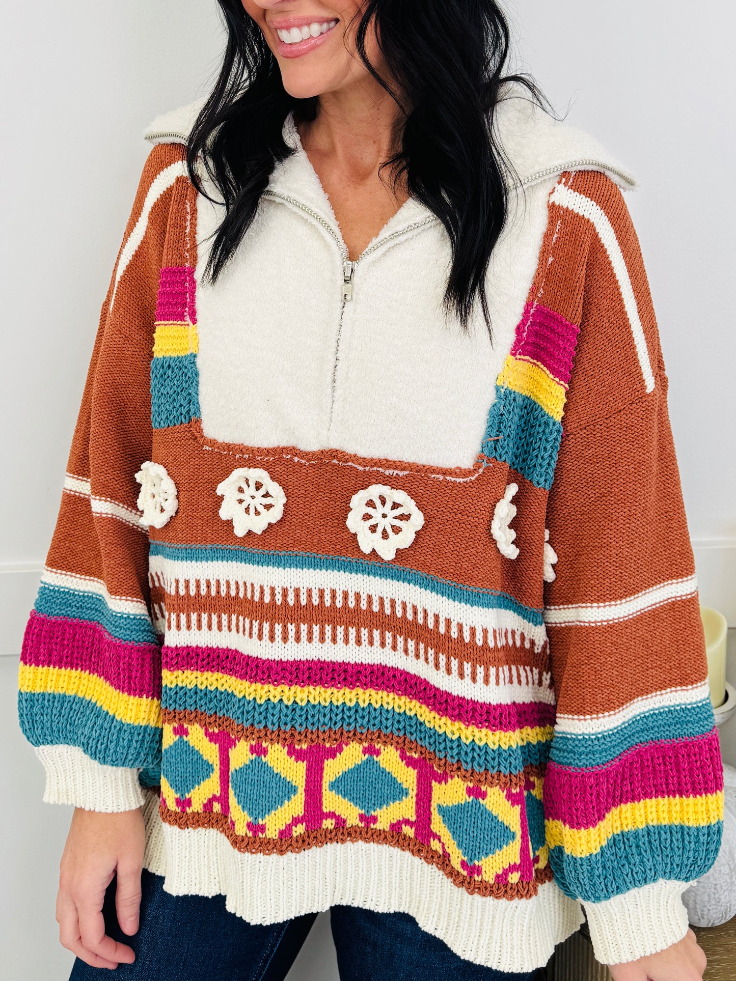 Cozy Carnival Sweater In Brick Multi