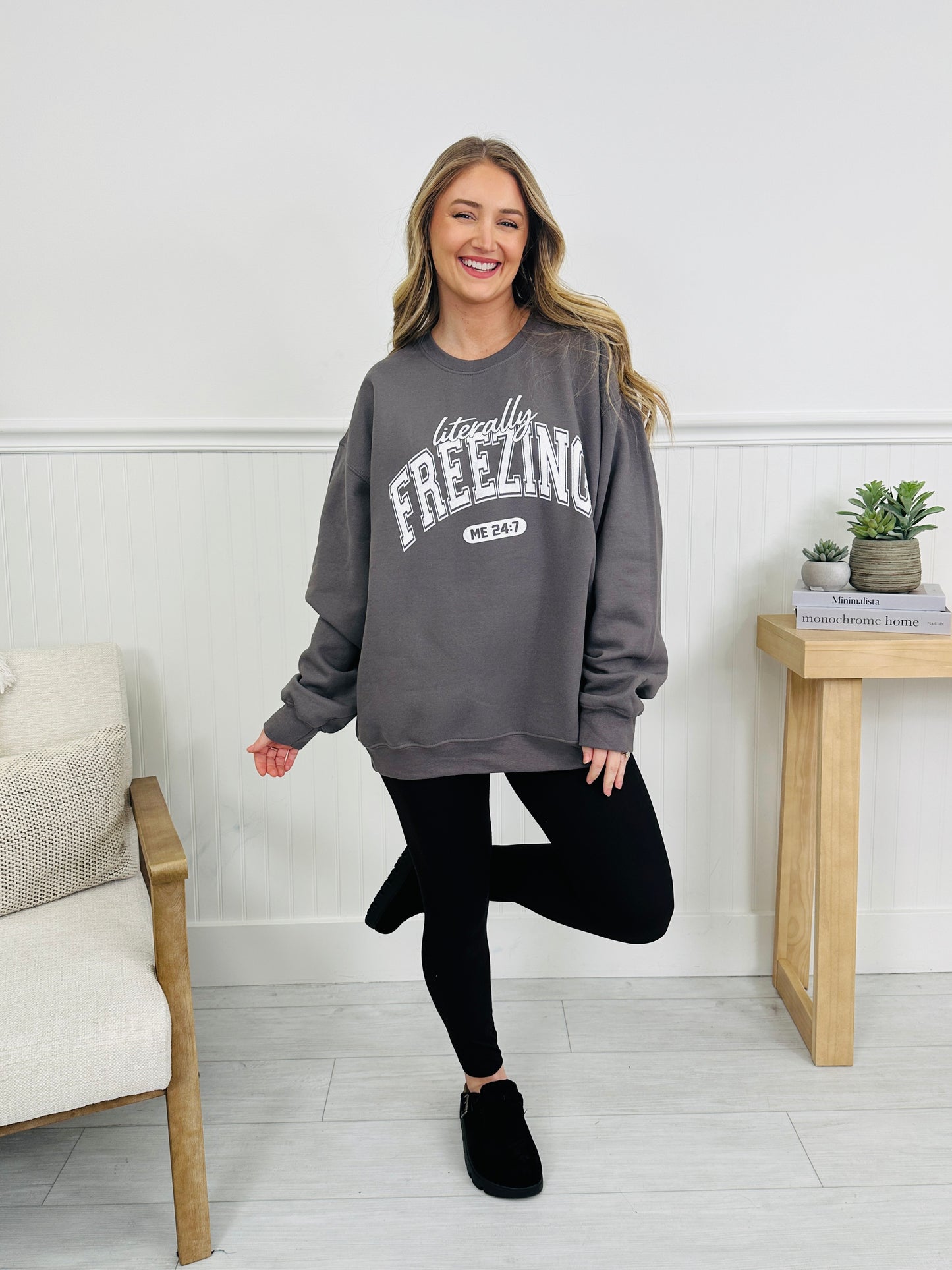 Literally Freezing Graphic Crewneck Sweatshirt In Charcoal