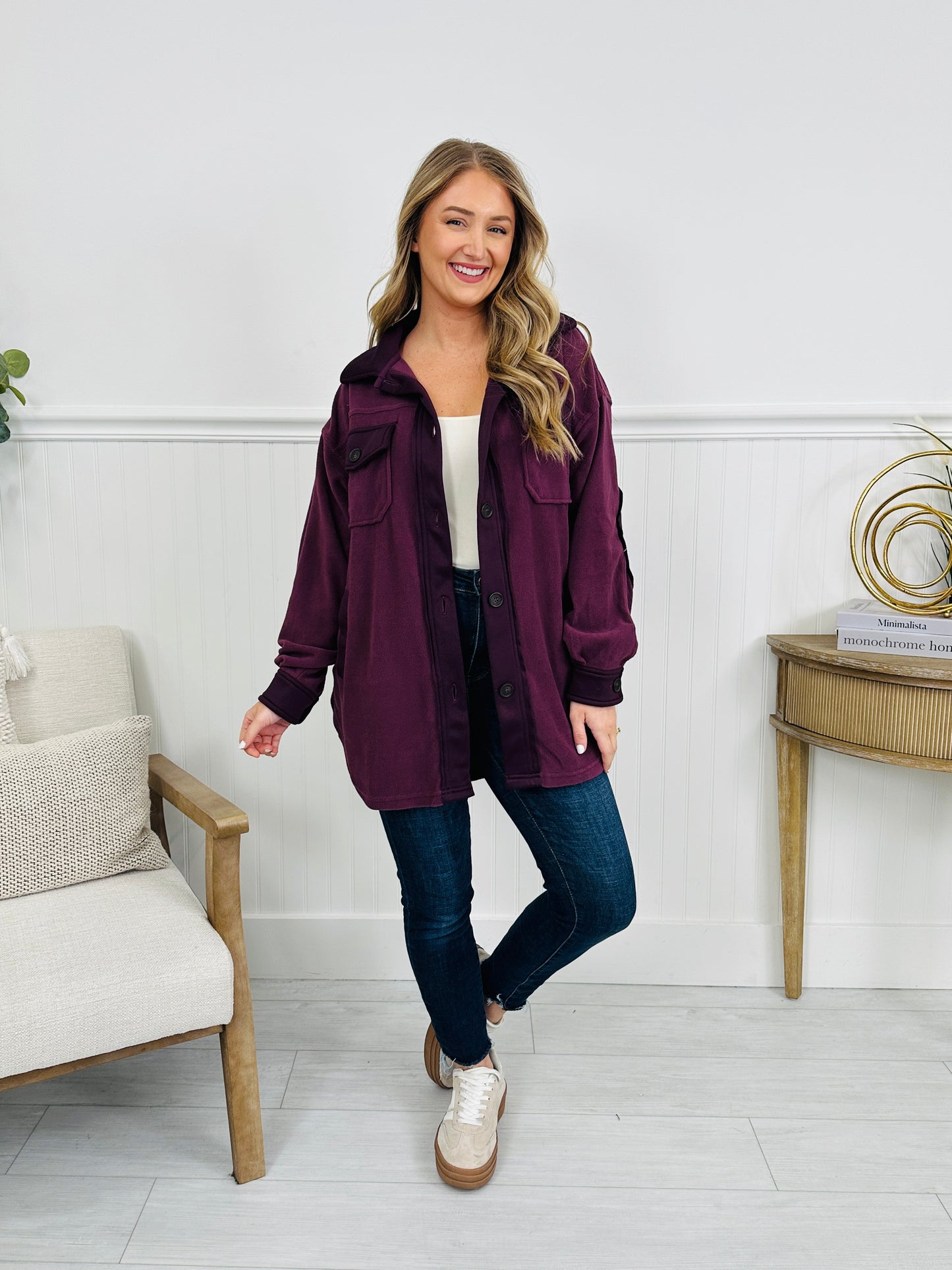 DOORBUSTER! Breezy Commute Shacket in Eggplant
