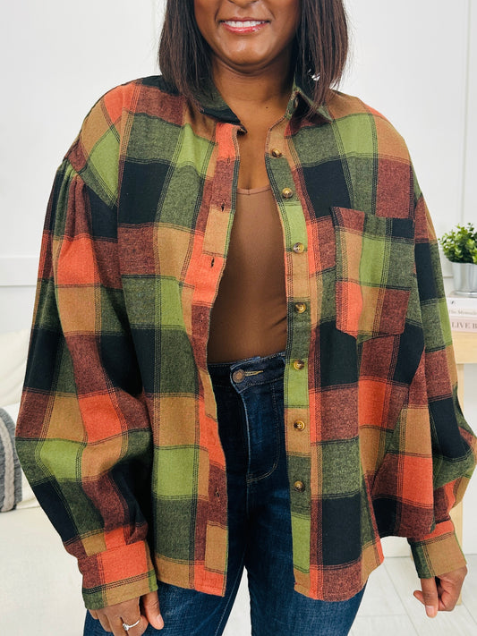 Meet Me At The Bonfire Flannel in Olive/Rust