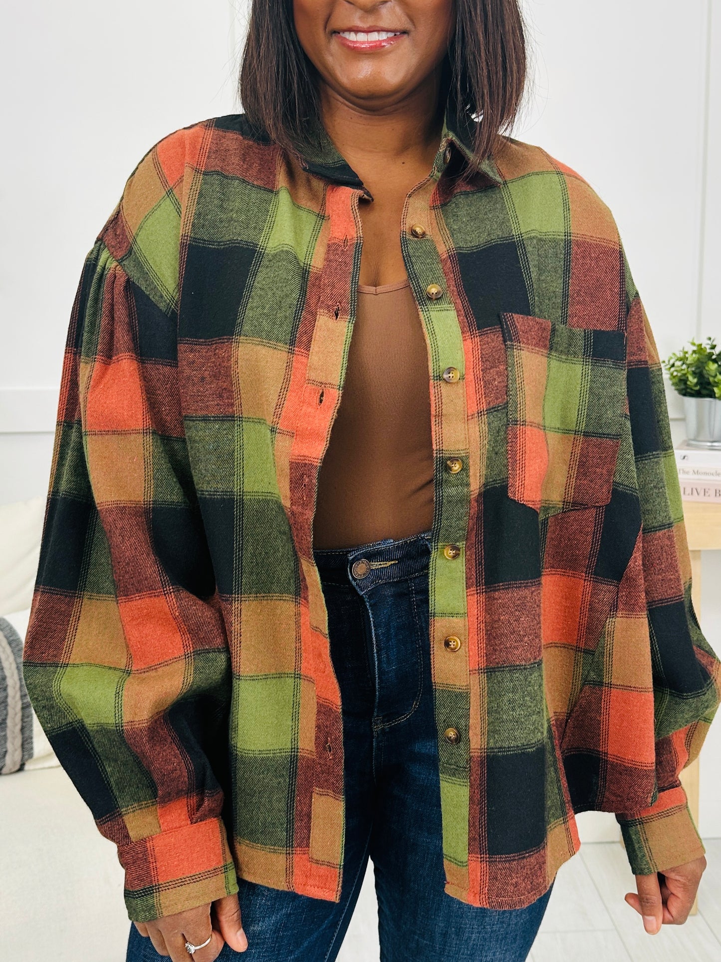 Meet Me At The Bonfire Flannel in Olive/Rust