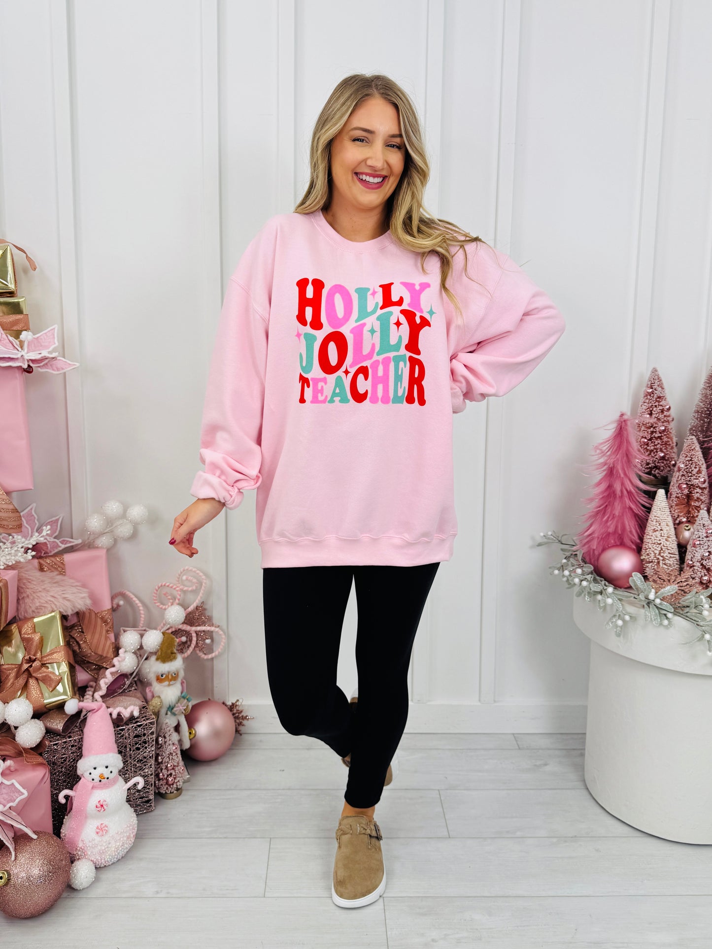 Holly Jolly Teacher Graphic Crewneck Sweatshirt