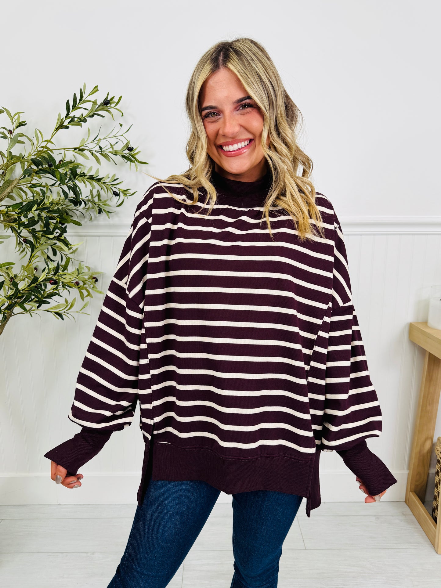 Stripe Up Your Alley Pullover In Wine