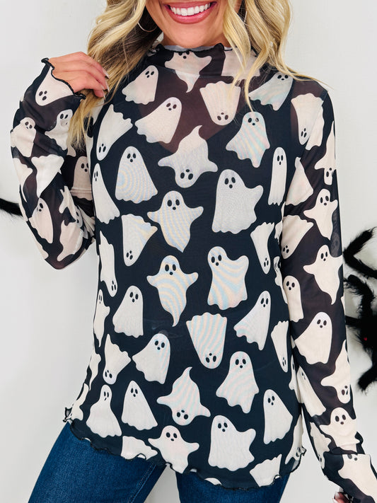 Spooky Things Mesh Top In Ghost Print