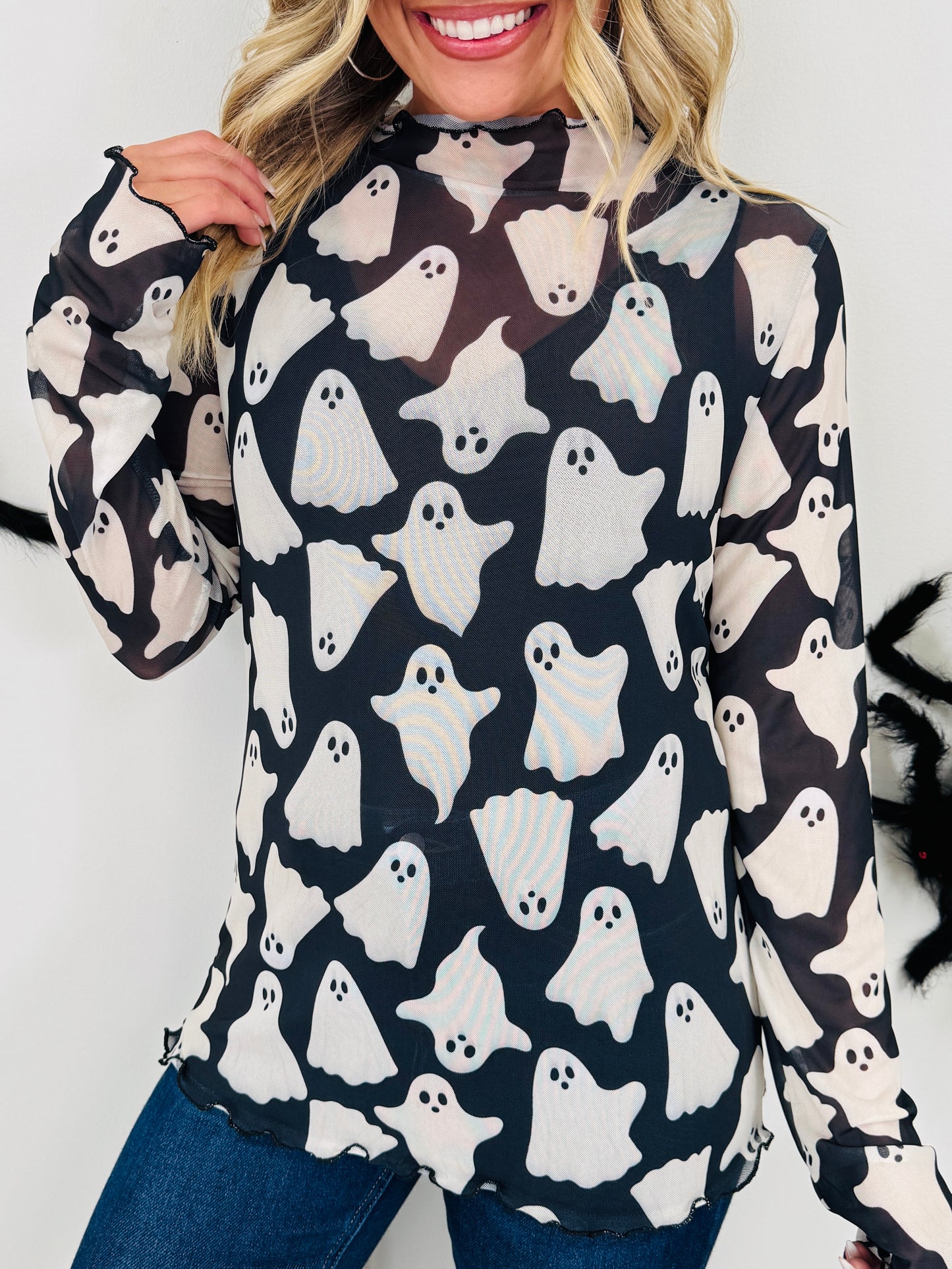 Spooky Things Mesh Top In Ghost Print