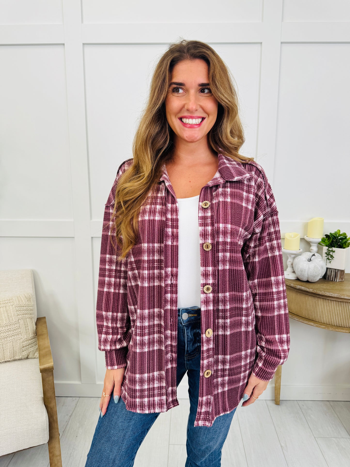 Flannel Forecast Shacket In Burgundy