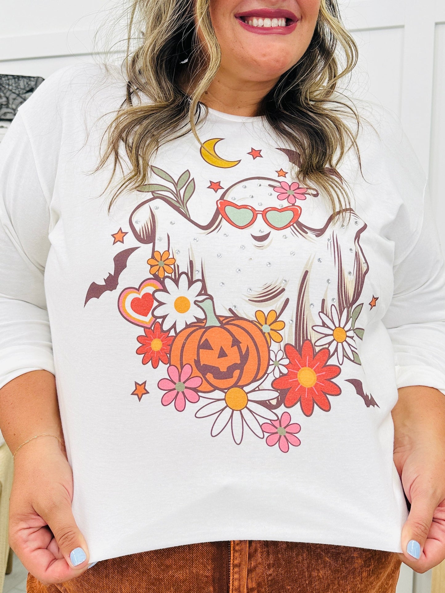 REG/CURVY Floral Ghost Rhinestone Graphic Long Sleeve Top