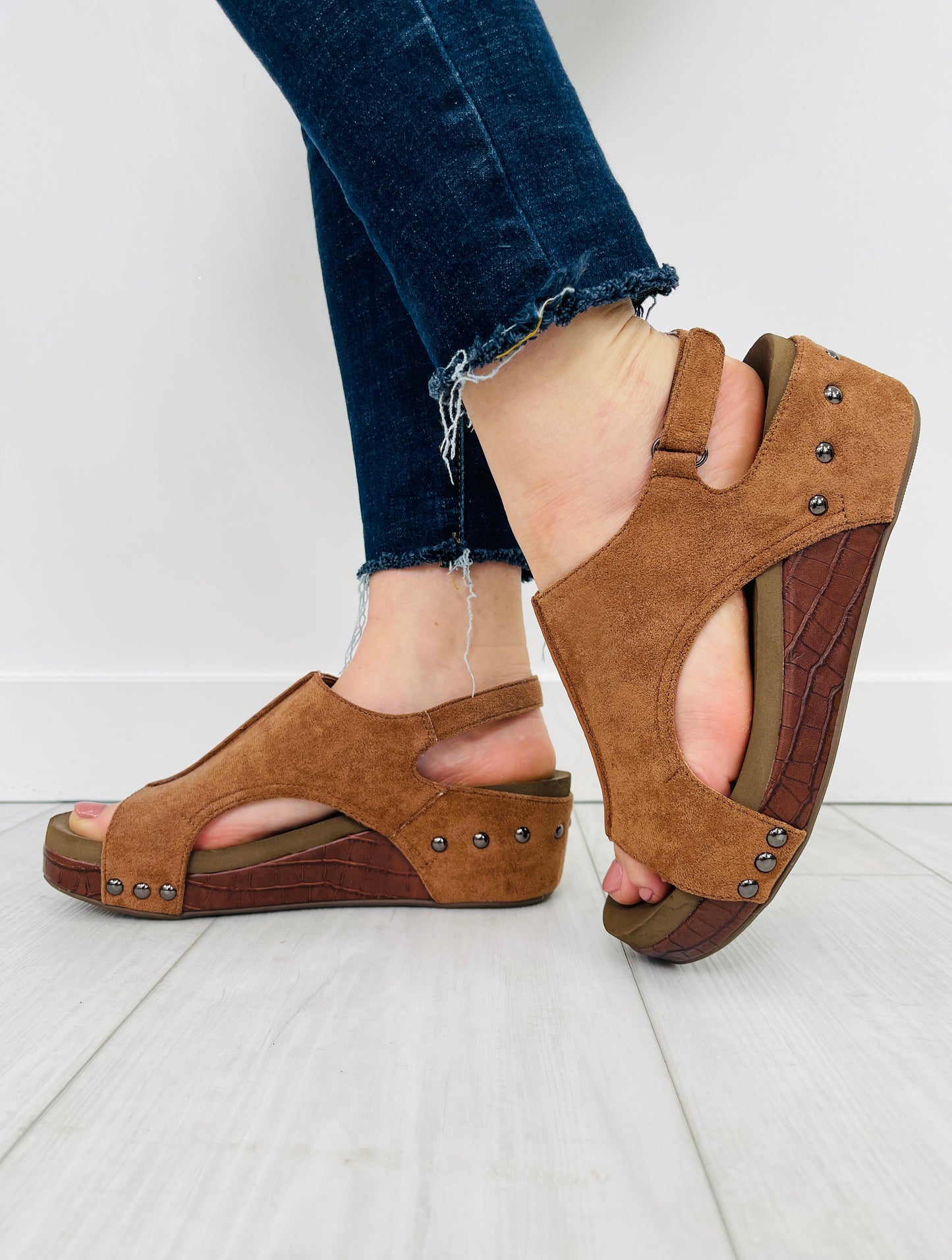 Studded Steps Wedges In Brown Suede Croco