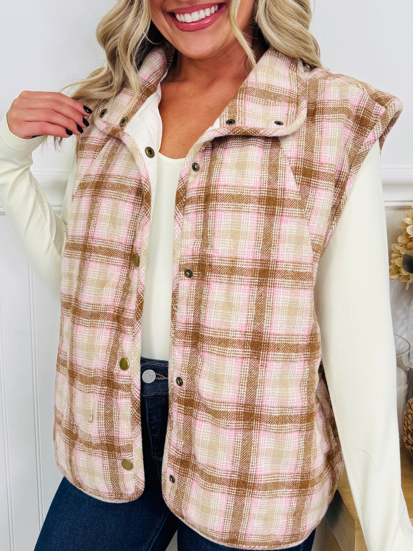Pretty In Plaid Vest In Taupe