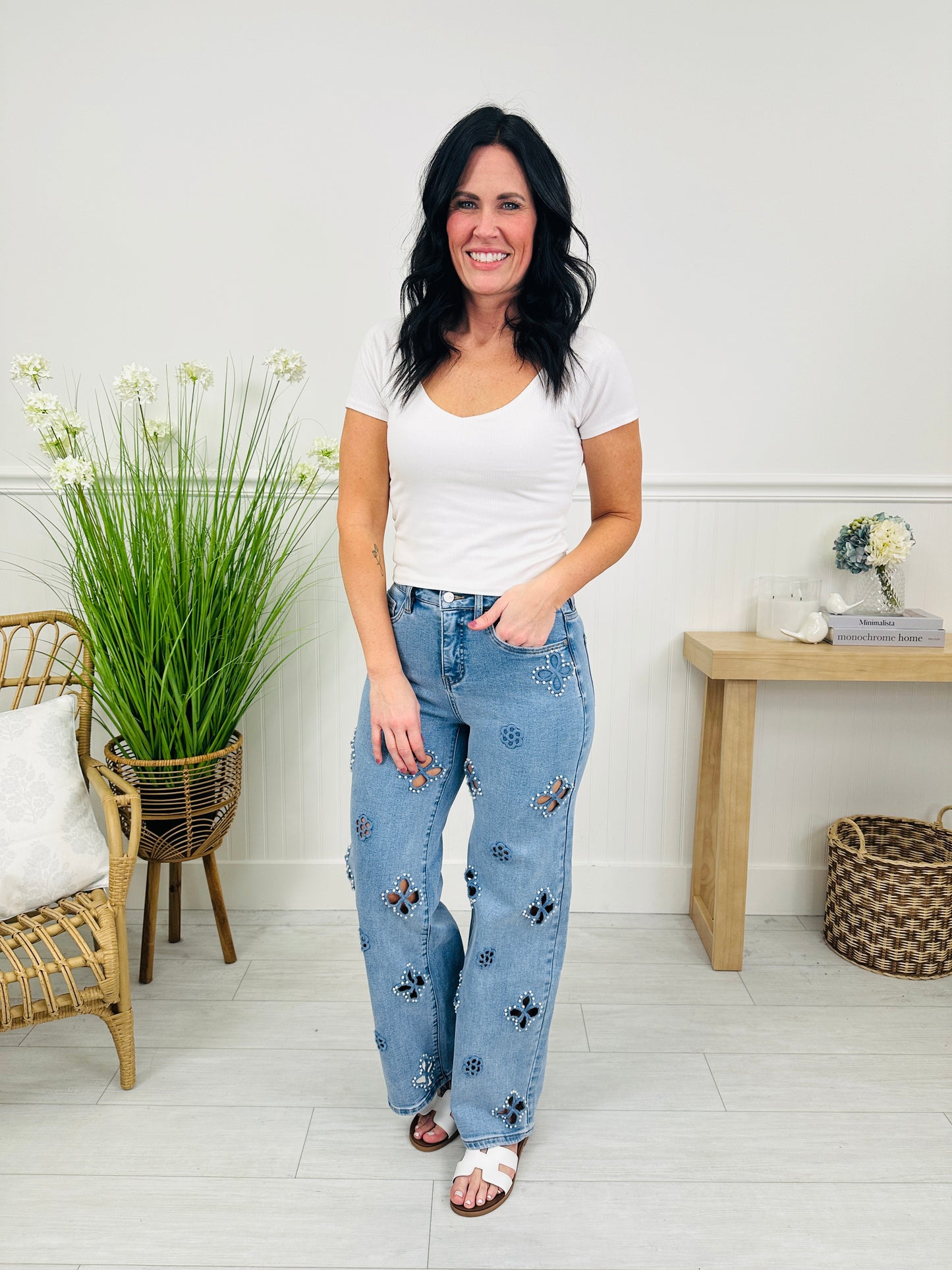 Pearl Perfect Floral Wide Leg Tummy Control Jeans
