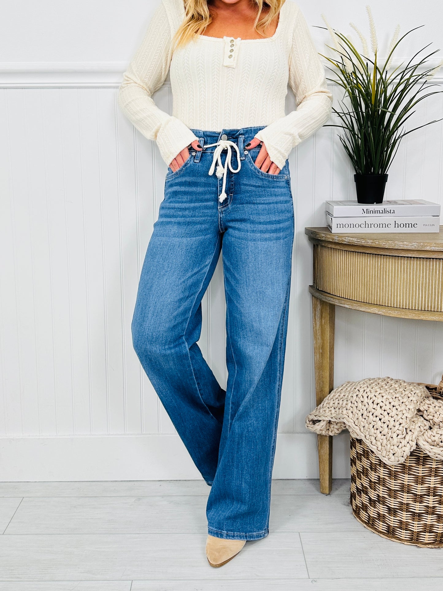 Off Duty Tummy Control Wide Leg Drawstring Jeans