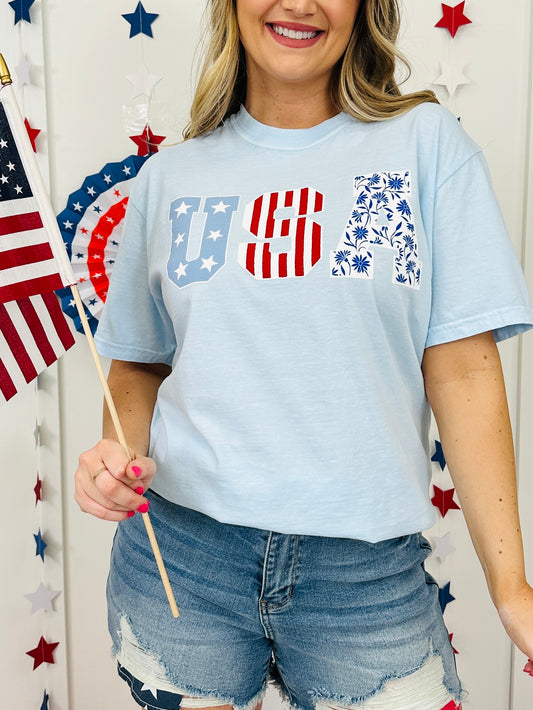 Stars, Stripes, and Florals USA Graphic Tee