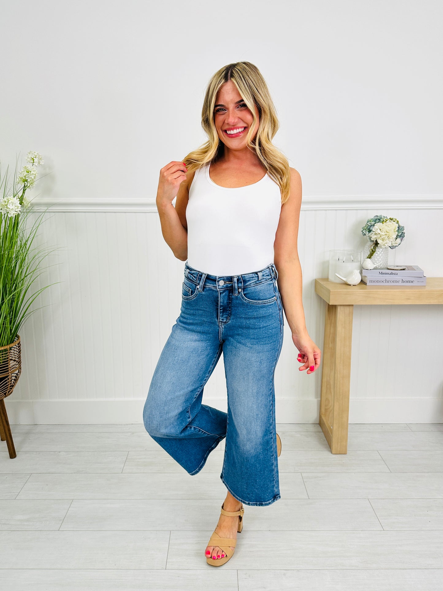Put a Bow On It Tummy Control Wide Leg Cropped Jeans