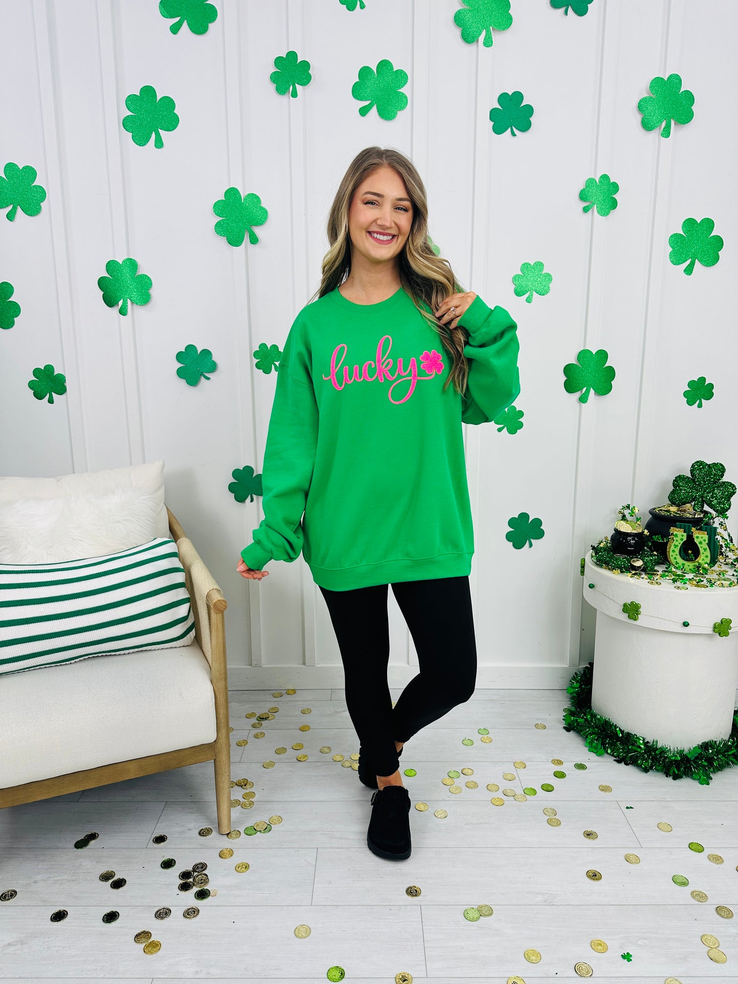 Pink Lucky Clover Puff Graphic Crewneck Sweatshirt