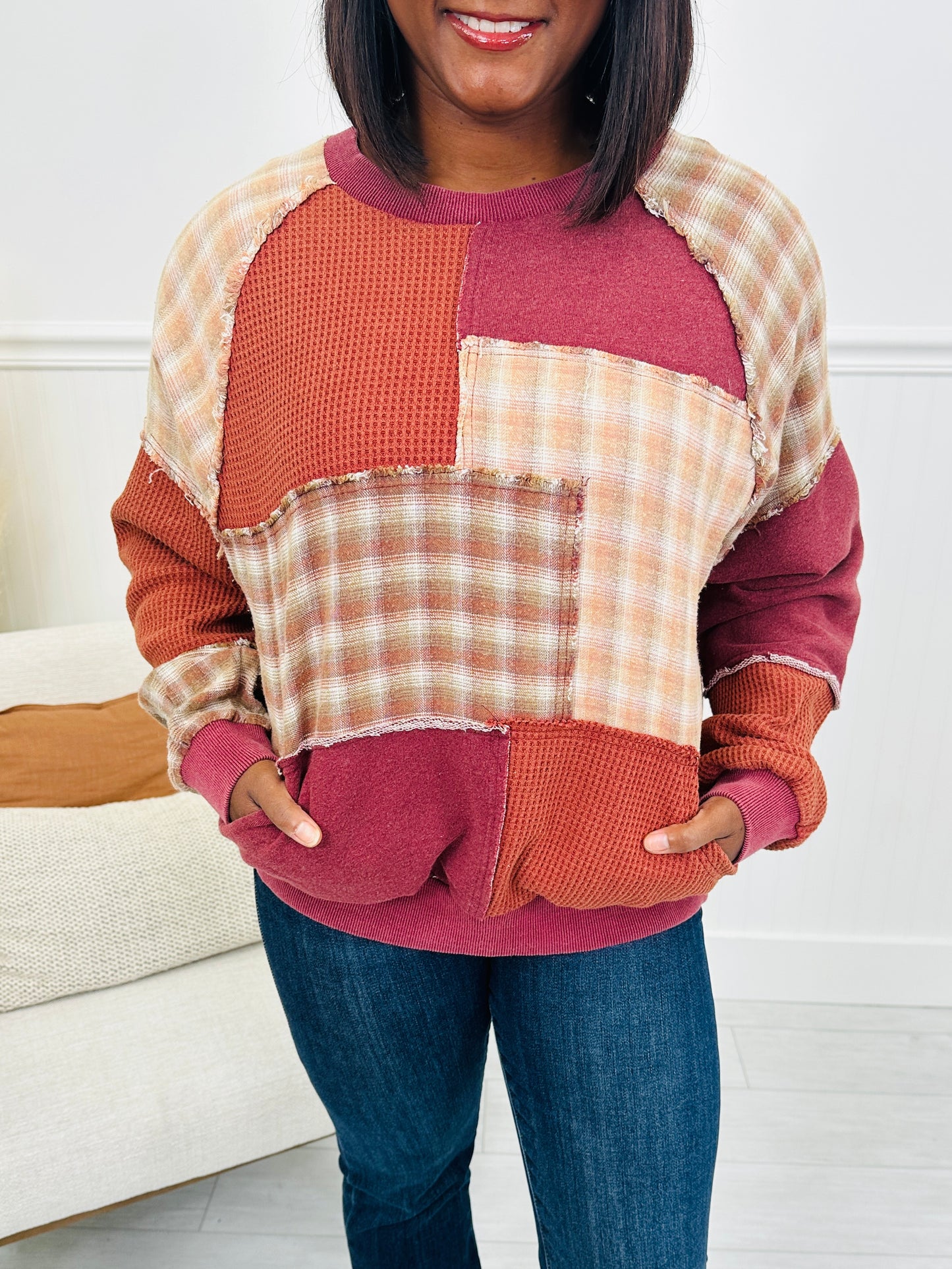 Patching Things Up Pullover in Burgundy