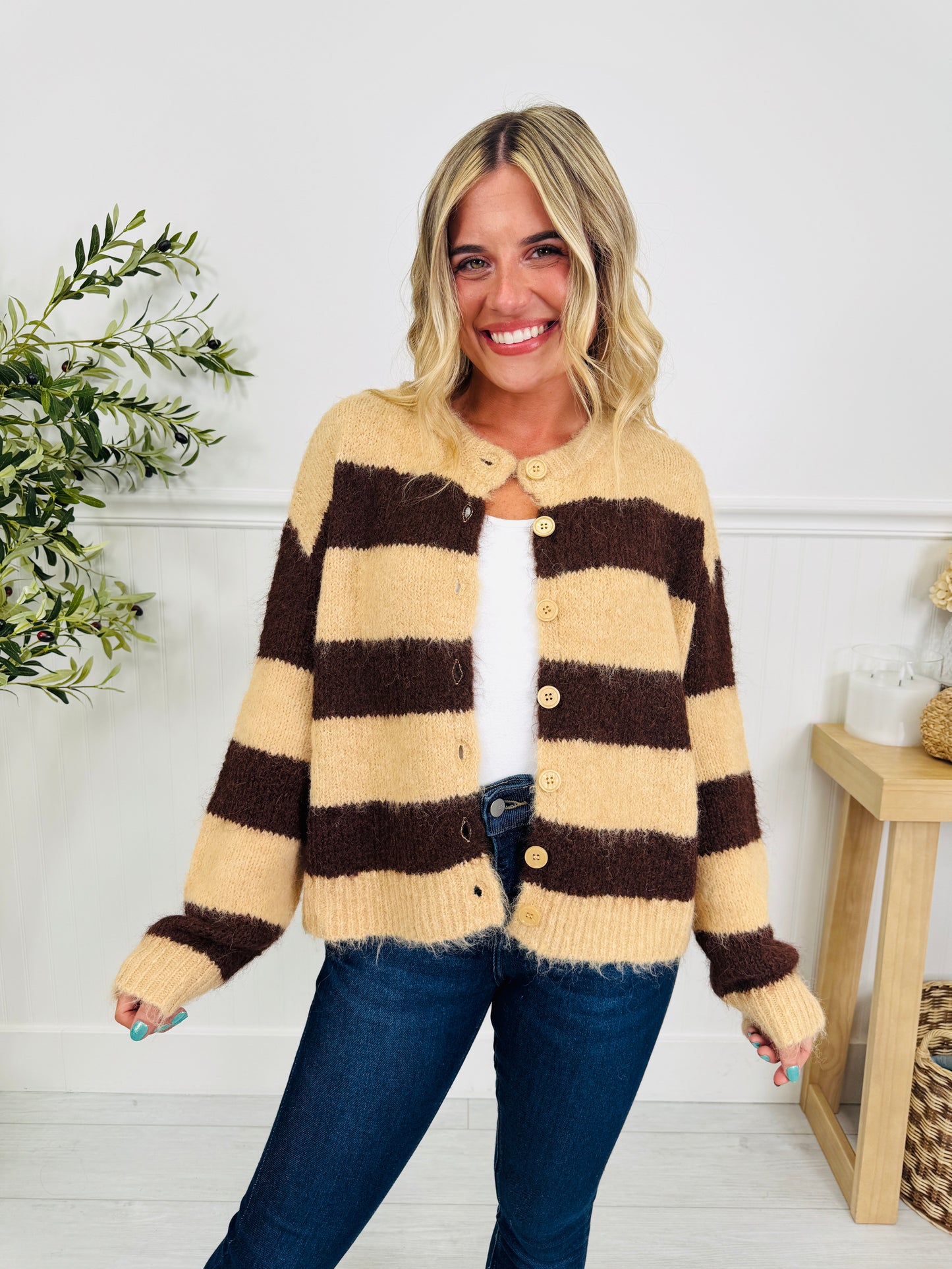 Soft Spot For Stripes Cardigan In Taupe