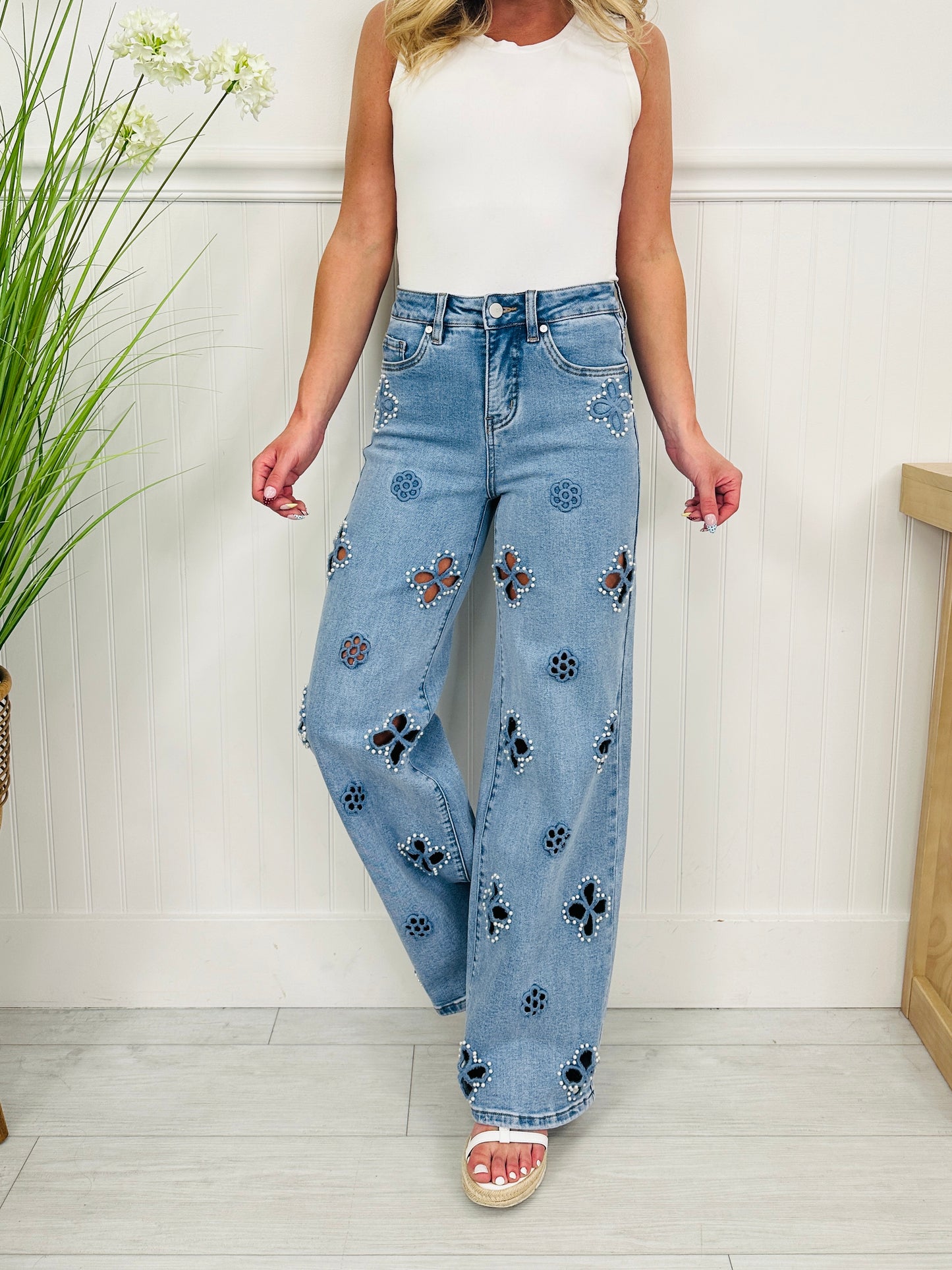 Pearl Perfect Floral Wide Leg Tummy Control Jeans