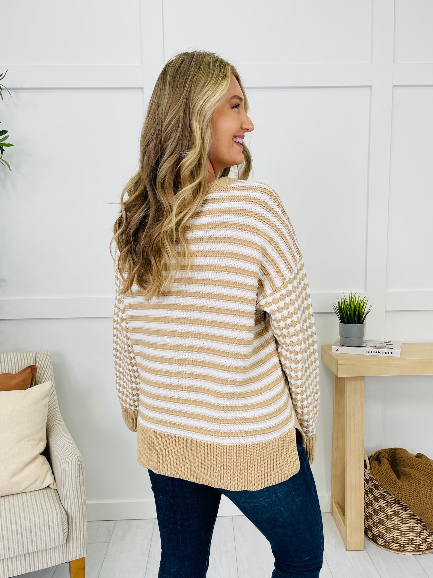 Cozy In Every Line Sweater in Taupe/White