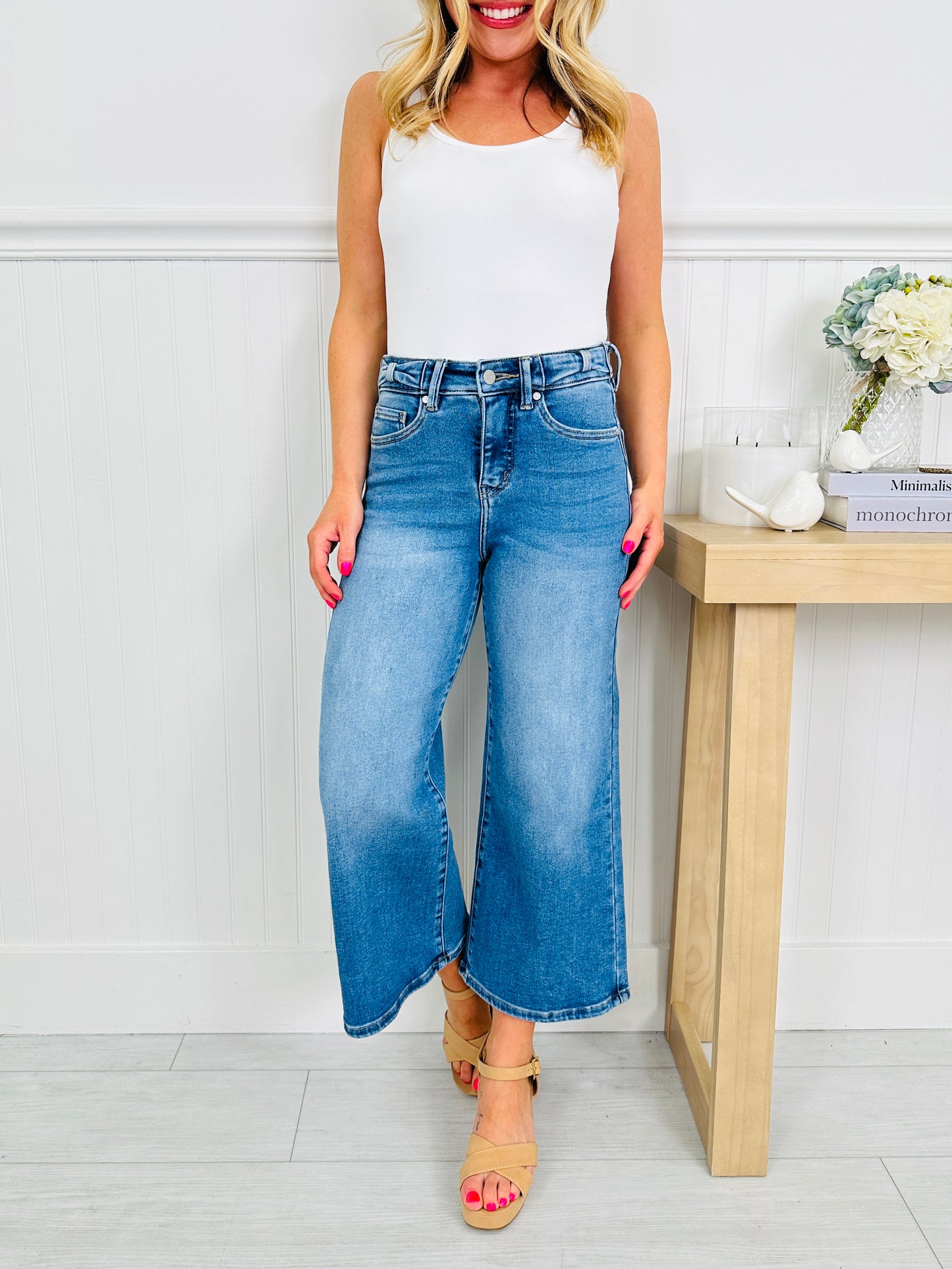 Put a Bow On It Tummy Control Wide Leg Cropped Jeans