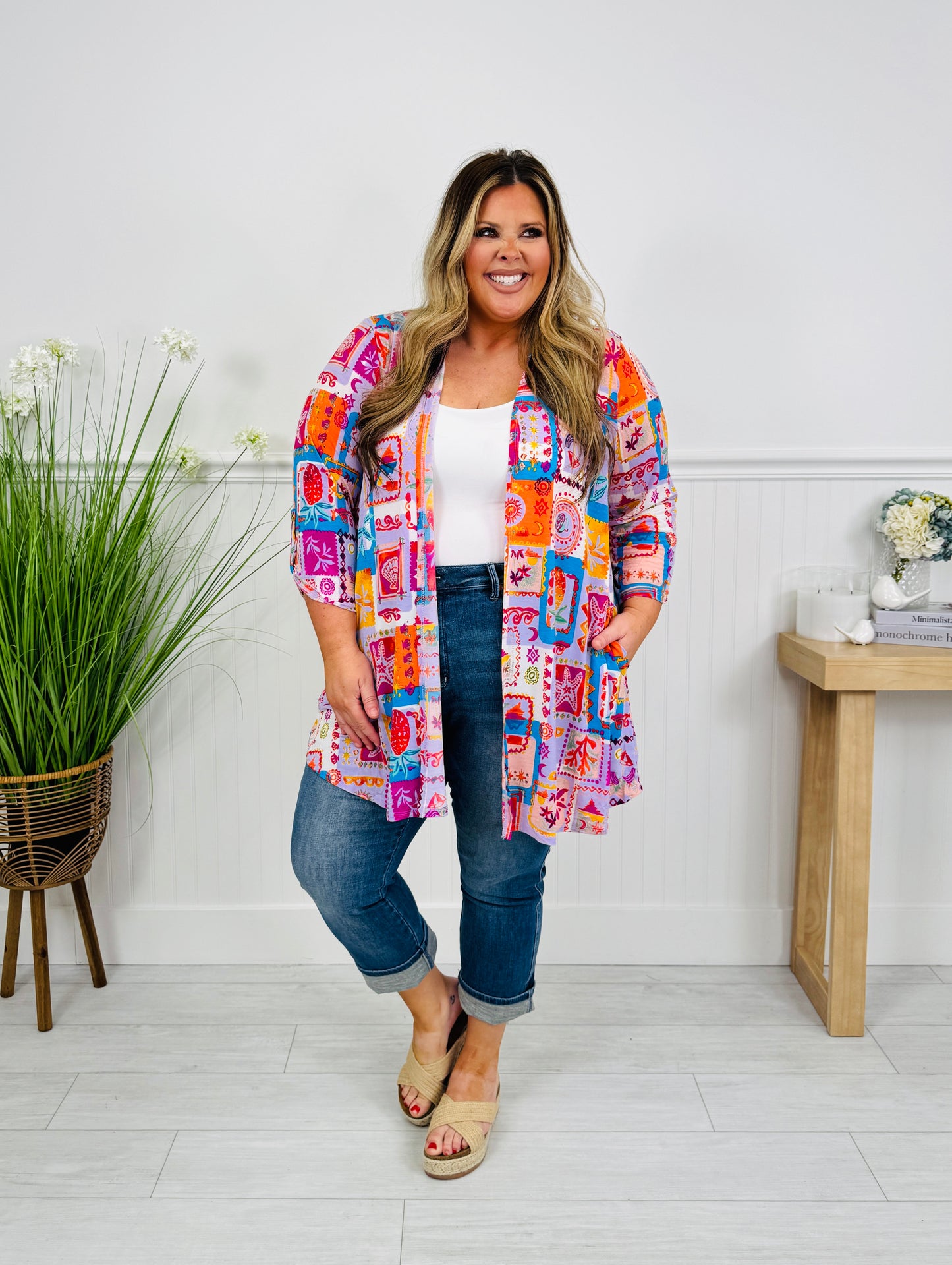 Layered in Spring Cardigan In Beach Print