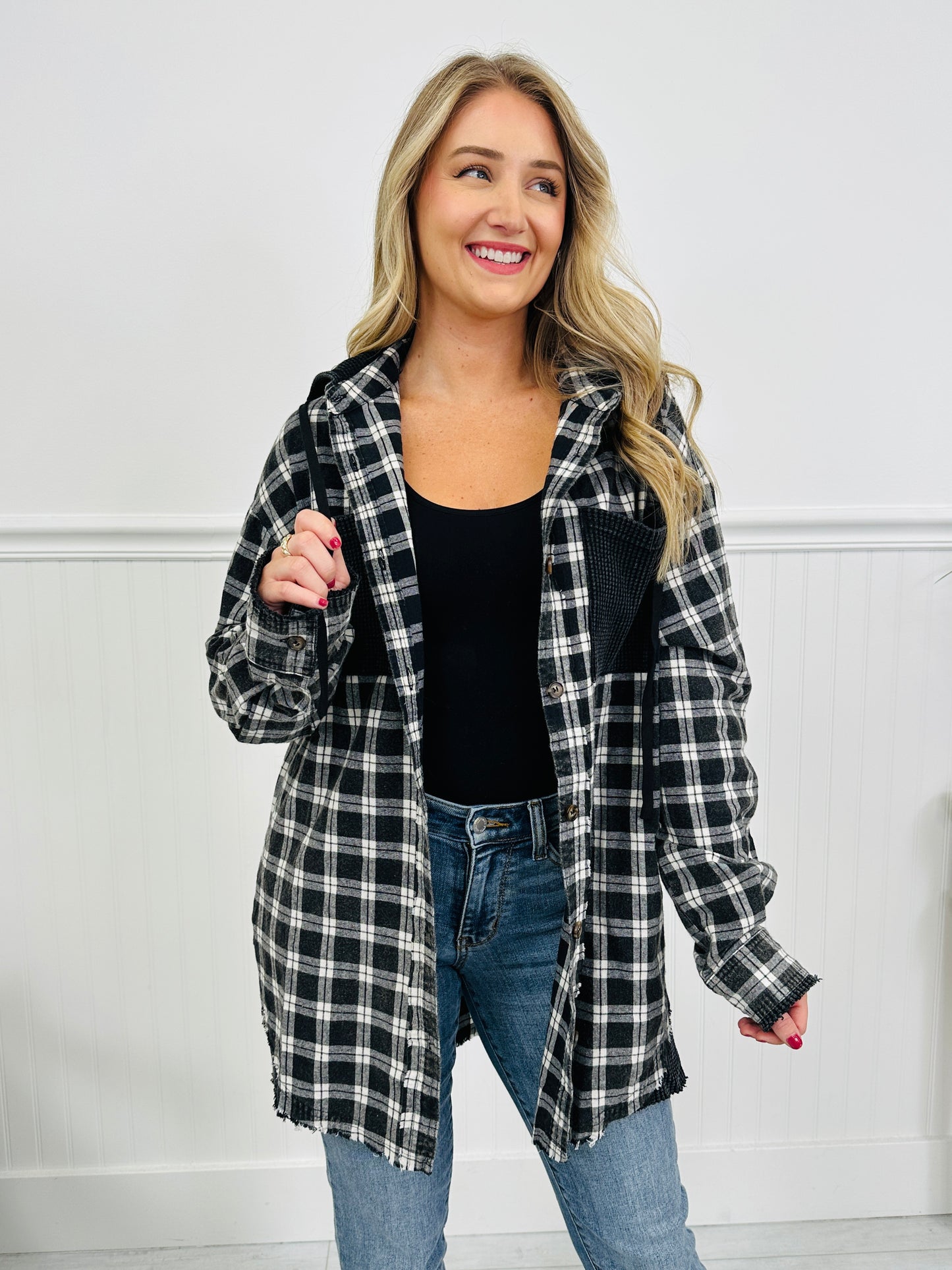 Falling For Flannel Hooded Shacket in Black